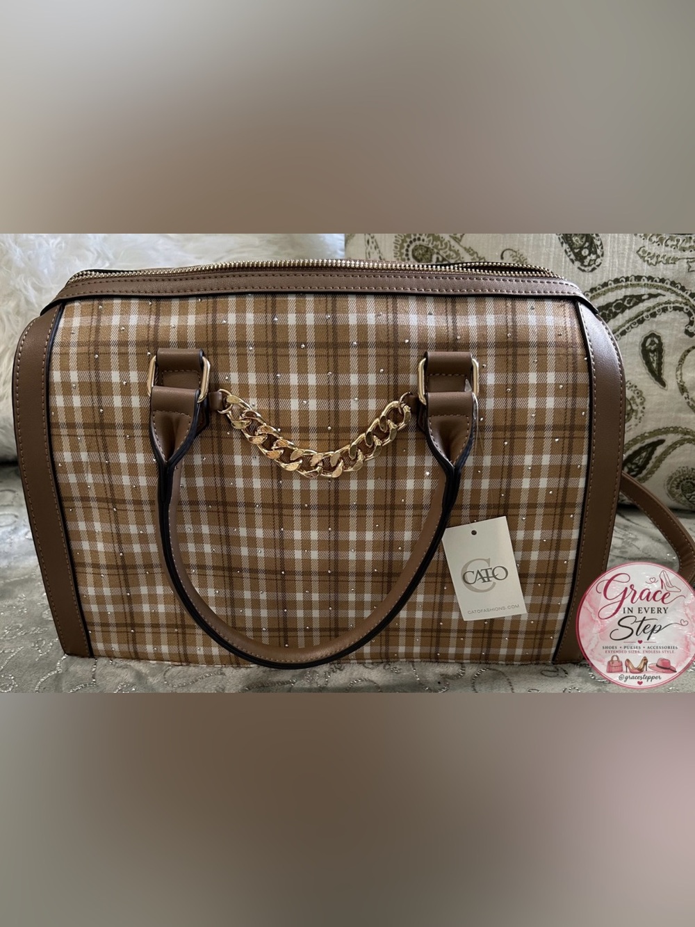 NWT Cato Est. 1946 Brown & White Plaid Satchel/Crossbody w/ Chrystals & Chain